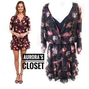KUT 10 Black Floral Mini Dress Ruffle Carmen 3/4 sleeve Faux Wrap Layers Flounce